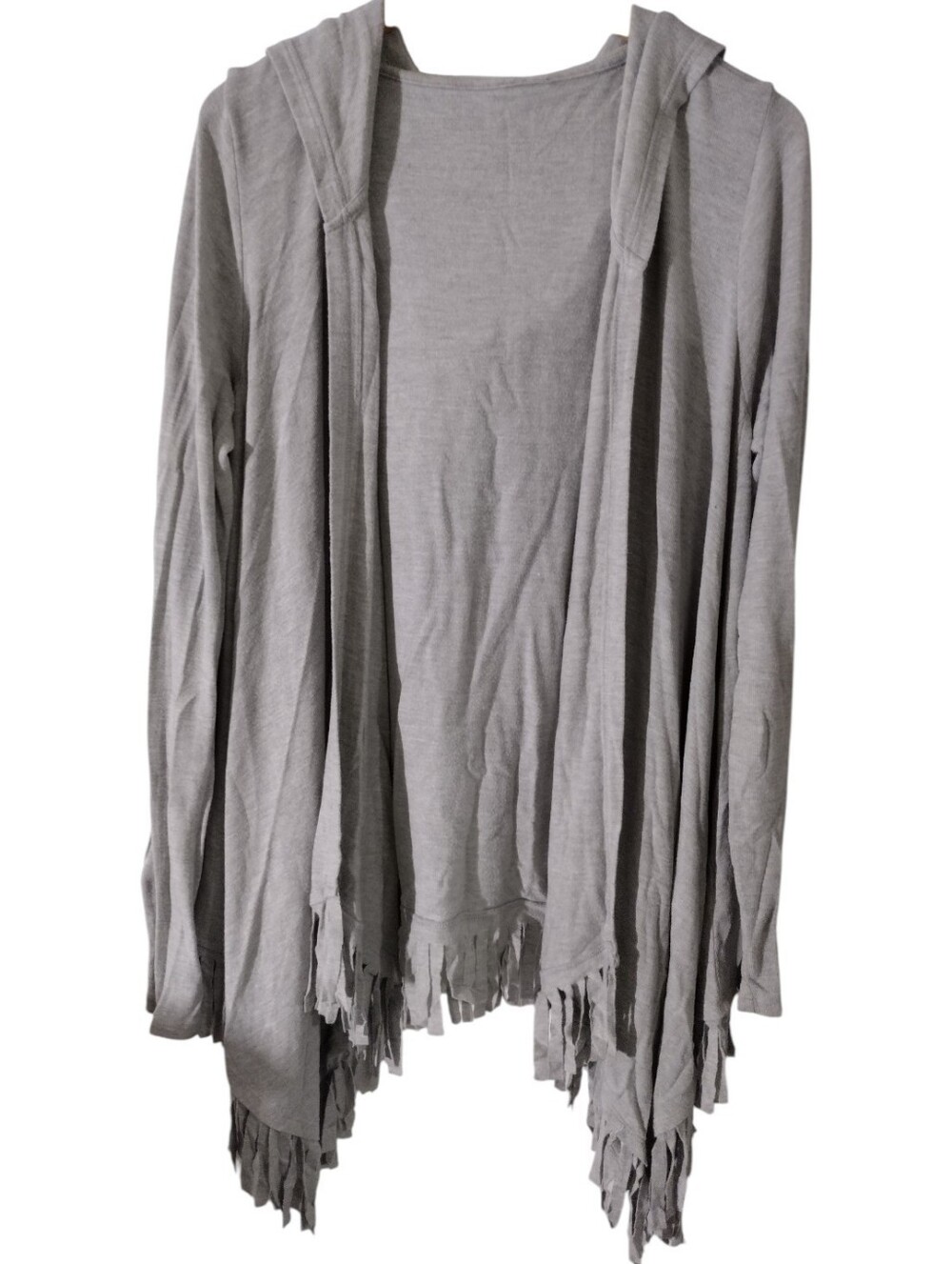 Light Gray Women’s Open-Front Hooded Fringe Cardigan Sweater